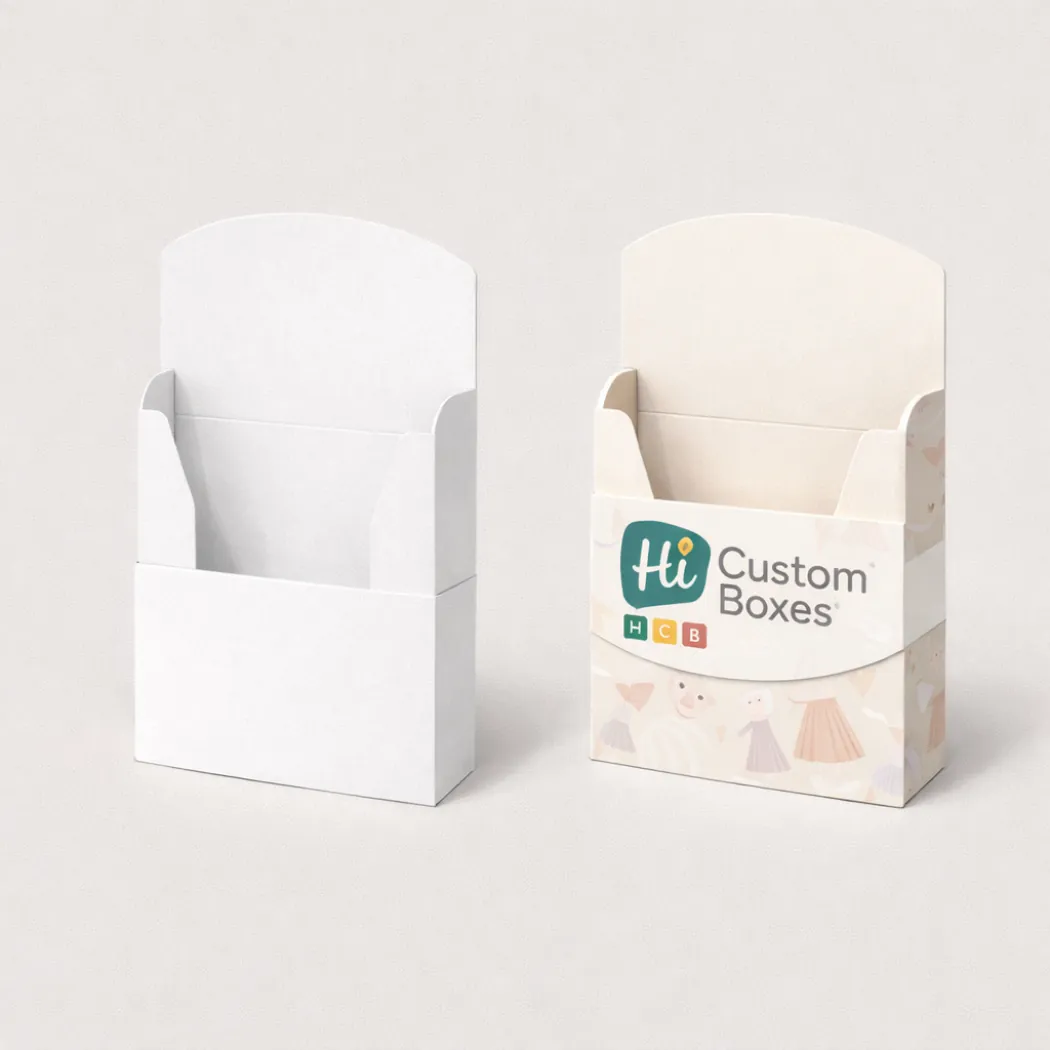 Two vertical cardboard display units- one plain white and one decorated with a colourful skirt-themed pattern- class=